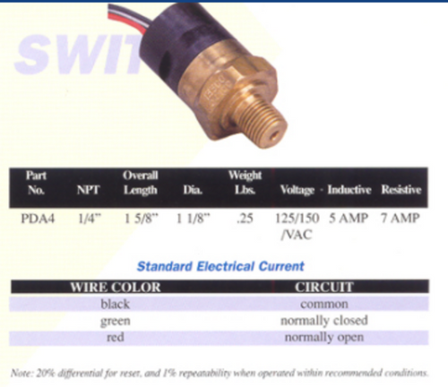 Arrow Pneumatics PDA4 MINI PRESSURE SWITCH KIT FGD-1-E